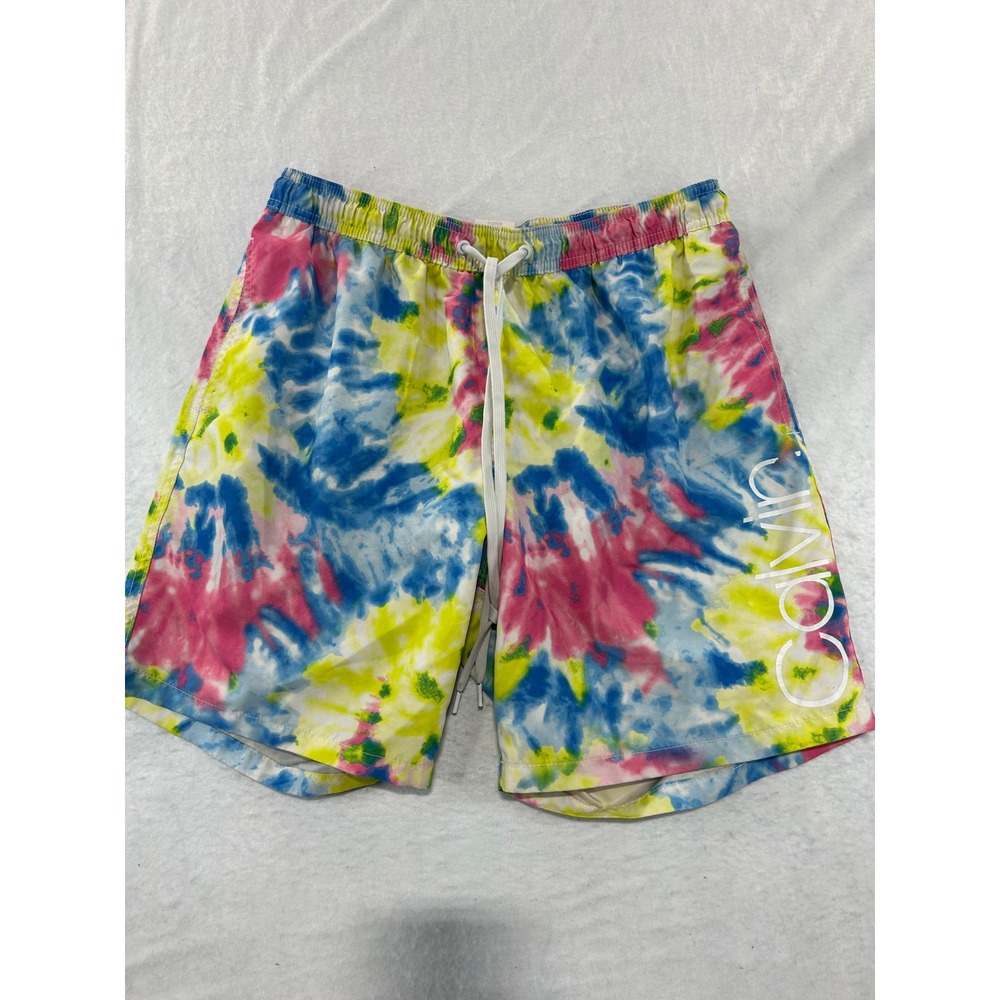 Calvin Klein Mens Tie Dye Swim Trunks Blue Pink Yellow Logo Board Shorts Large